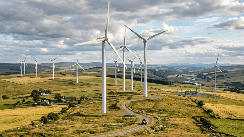 Wind turbines on grassy hills with a winding road and cloudy sky