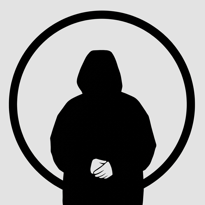 Hooded figure standing in front of a black circle on a gray concrete wall